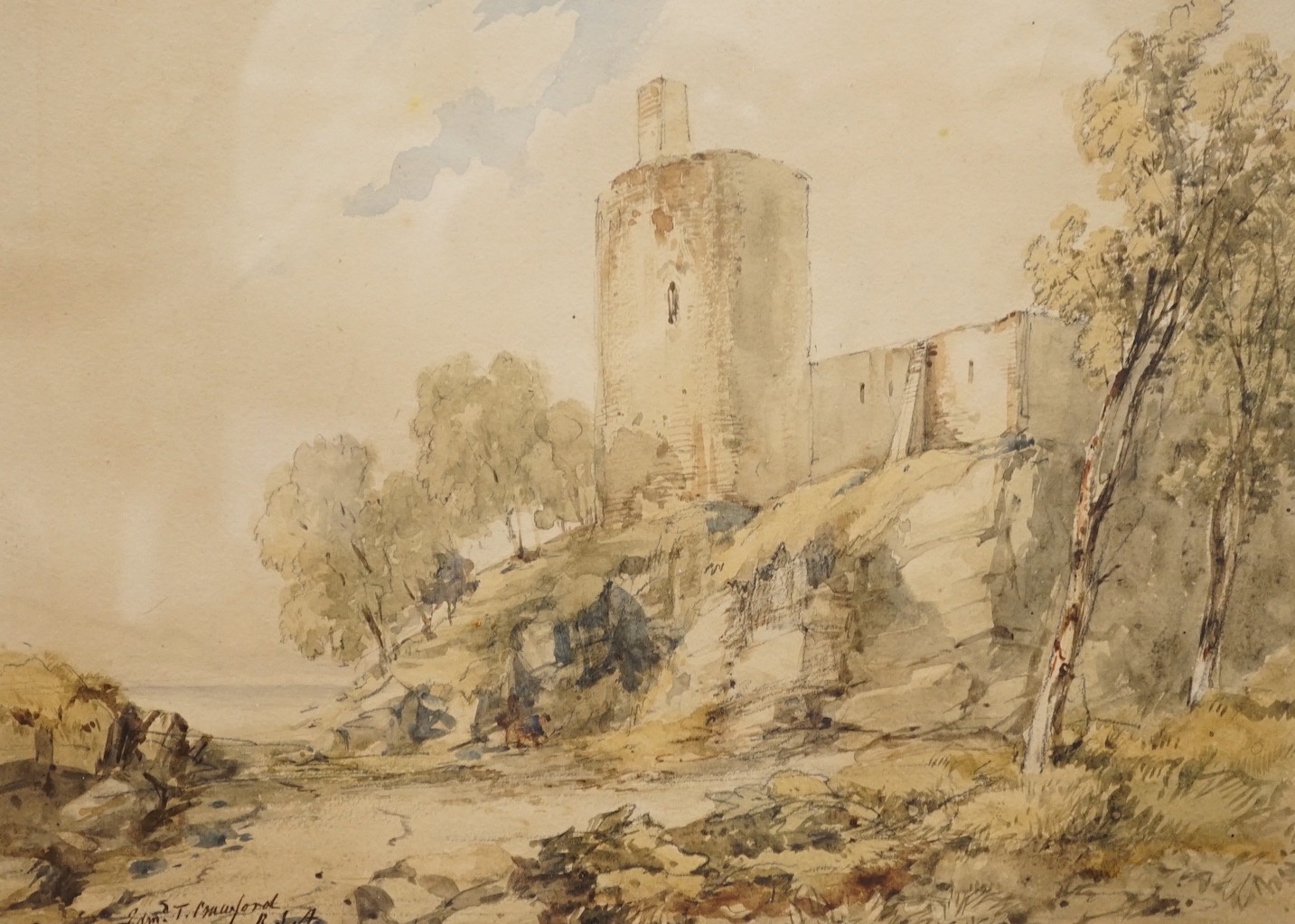 Edmund Thornton Crawford R.S.A. (1806-1885), watercolour, Castle and birch trees, signed, 22 x 31cm